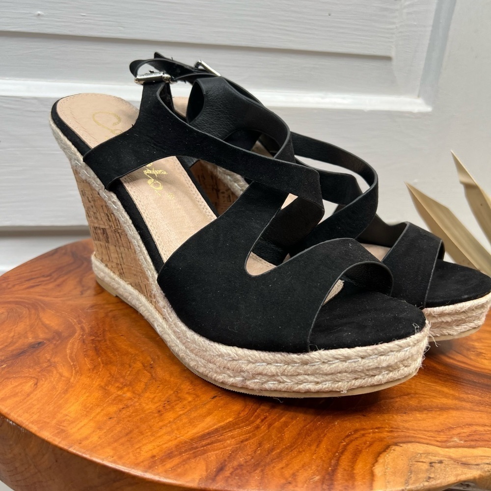 Callisto Women's Brielle Black Suede Platform Cork Wedge Sandals Size 9
